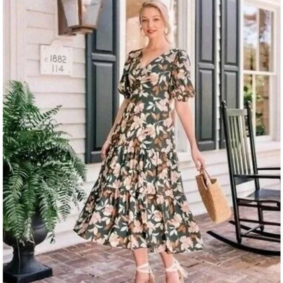 Gal Meets Glam Womens Tiered Midi Dress Tegan Floral Ruched Puff Sleeve Green 4P - Picture 13 of 16